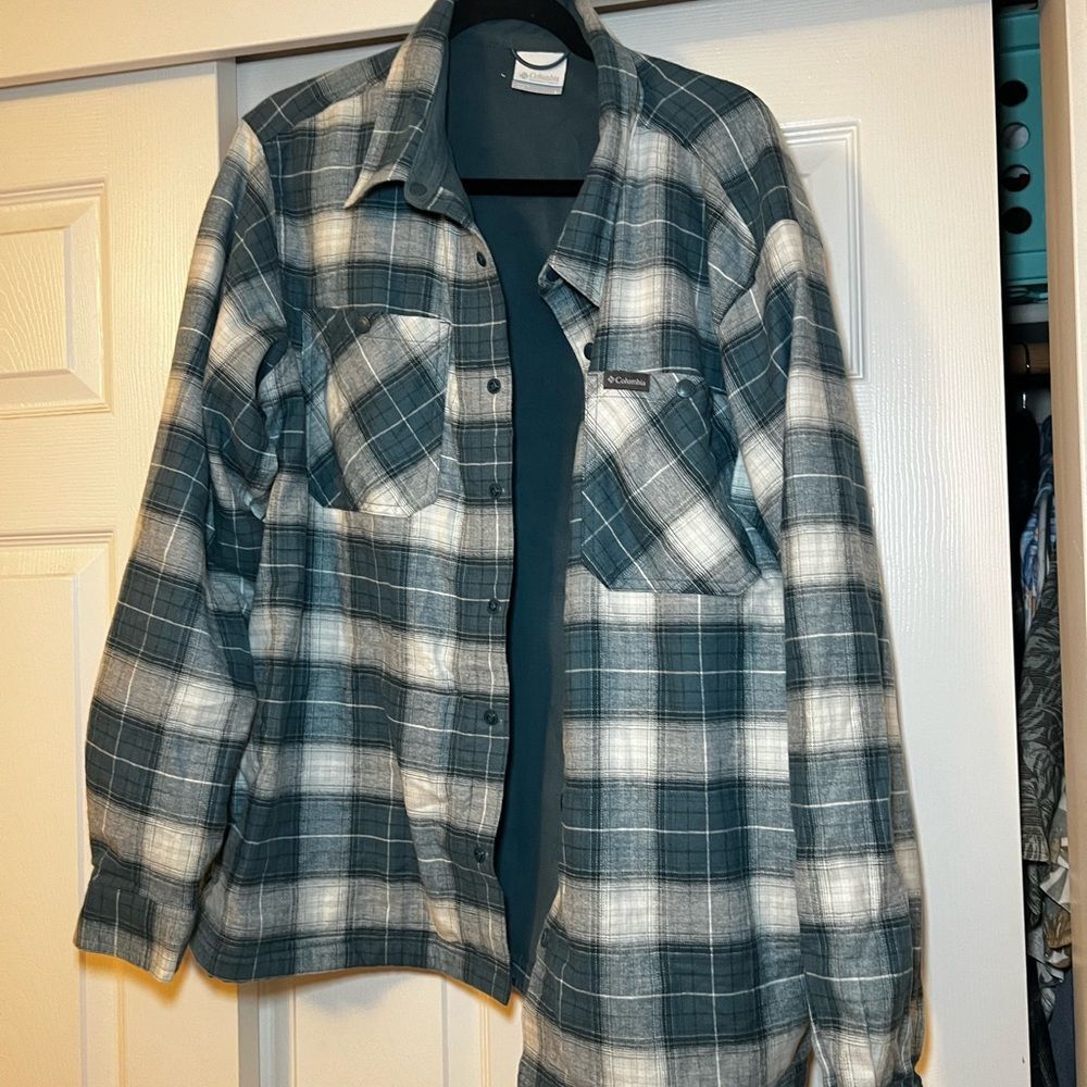 Columbia Teal and White Plaid Shirt